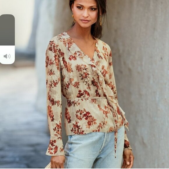 Peruvian Connection Beige Rusty Brown Floral Long Sleeve Ruffle Wrap Blouse Top - Picture 2 of 12